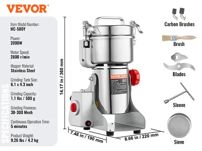 SucceBuy 150-2500g Electric Grain Mill Grinder – Commercial Spice & Herb Grinder for Coffee, Corn & Cereals