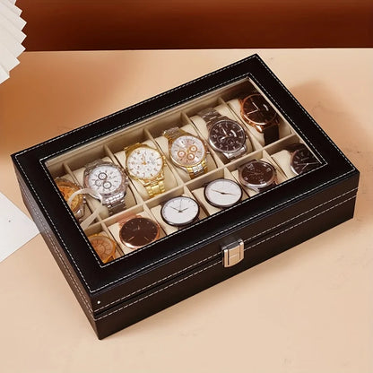 12-Slot Watch Organizer Display Case — Synthetic Leather Storage with Lock & Removable Pillows for Men, Travel & Gifts