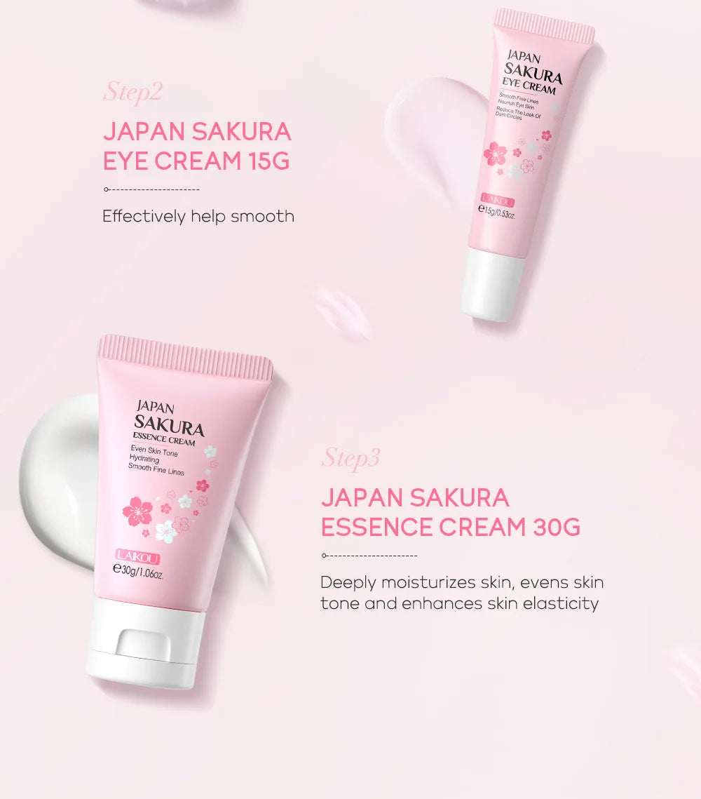3pcs LAIKOU Vitamin C 24K Golden Sakura Skincare Set – Moisturizing Face Cream, Serum & Eye Cream