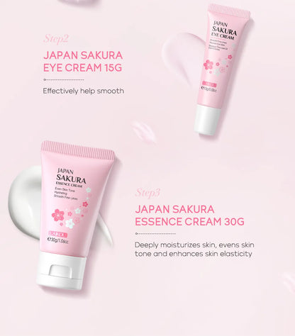 LAIKOU 3pcs Vitamin C & 24K Gold Sakura Skincare Set — Moisturizing Face Cream, Serum & Eye Cream, Anti-Wrinkle Face Care Kit