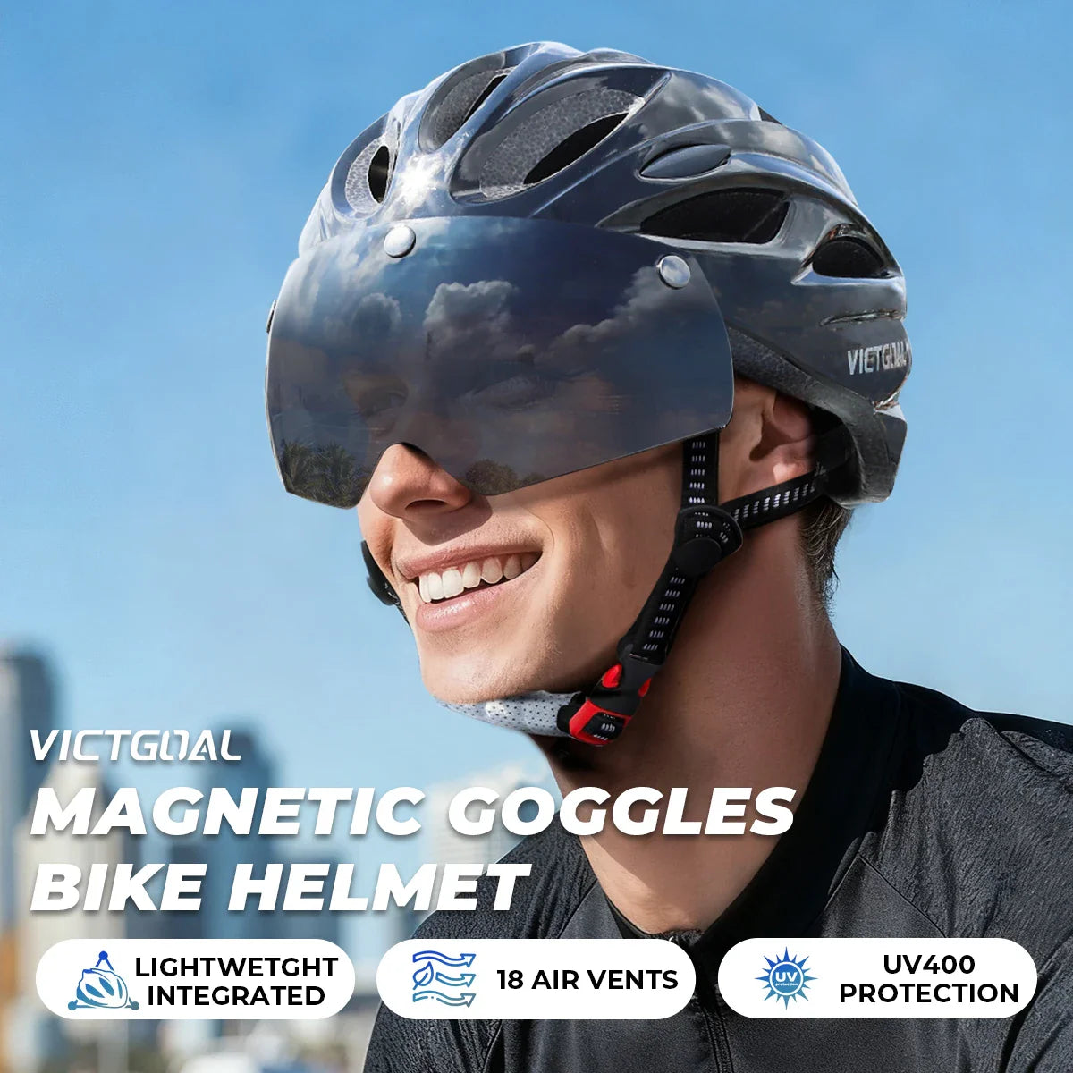VICTGOAL Cycling Helmet for Men – MTB & Electric Scooter Safety Helmet with LED Taillight, Magnetic Goggles & UV400 Sun Visor