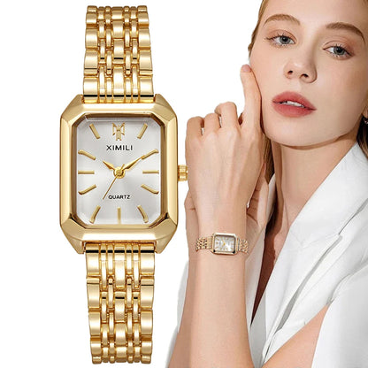 Luxury Women's Square Quartz Watch – Gold-Plated Stainless Steel Business Timepiece
