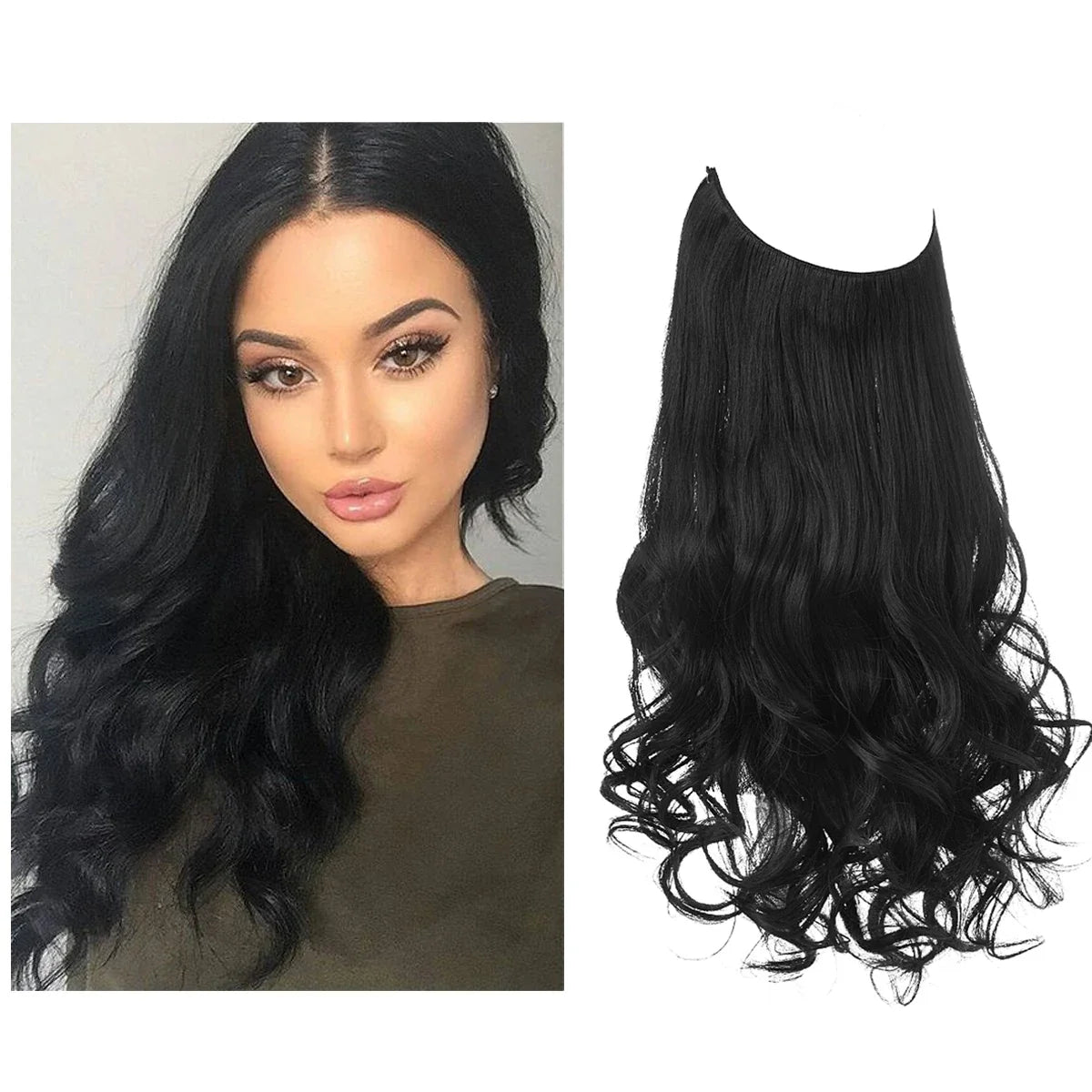 Synthetic Ombre Hair Extension - One Piece Invisible Wire Long Wavy Clipless False Hairpiece Black Blonde Pink