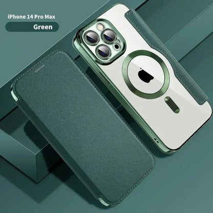 Electroplated Flip Leather Case for iPhone 16, 15, 14, 13, 12 & 11 Plus Pro Max – Luxury MagSafe Wireless Charging Protective Cover