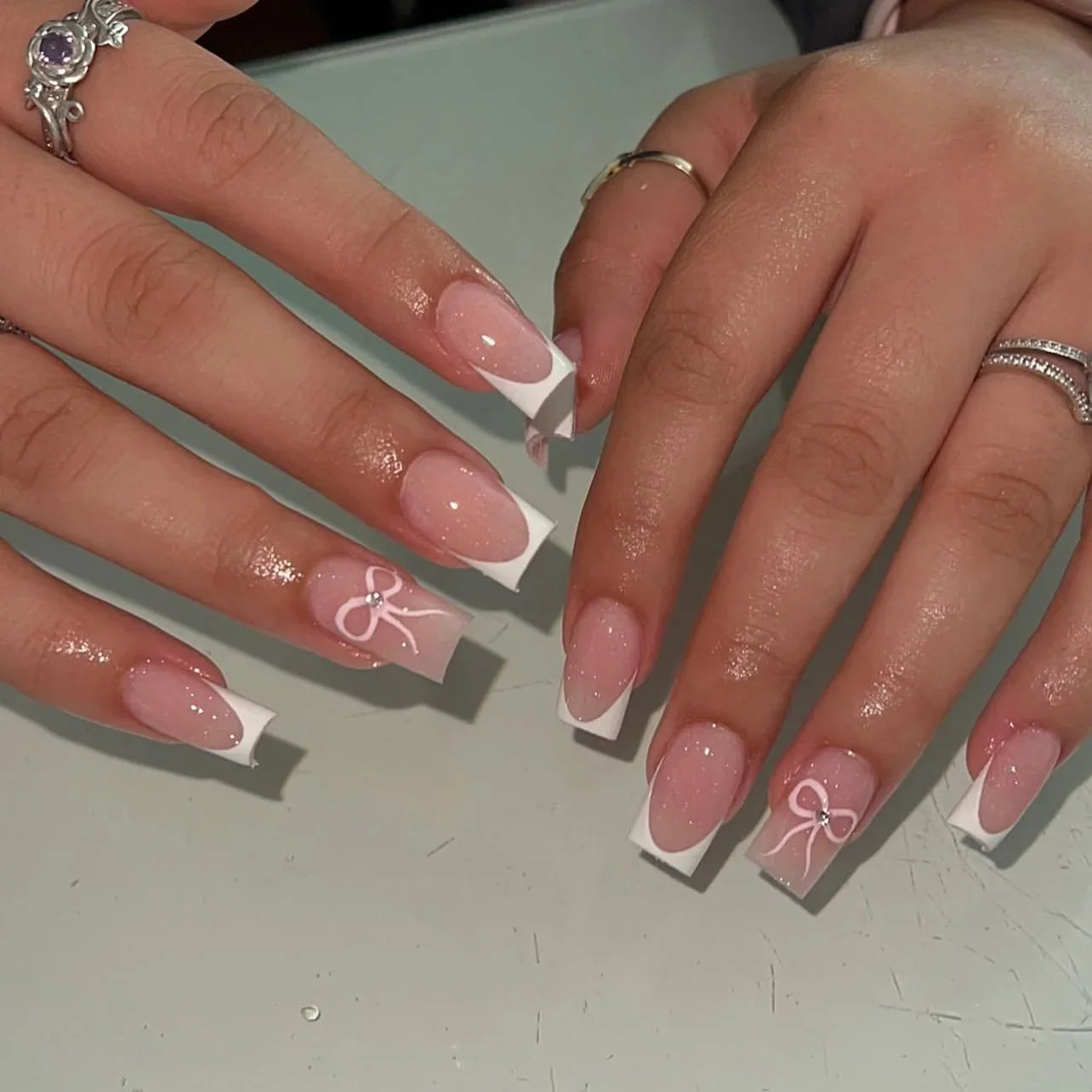 24Pcs Square Press On Nails - Nude White Gradient French False Nail Tips with Full Cover Short Design