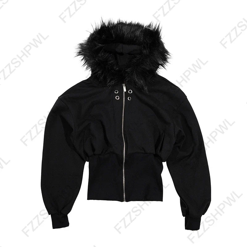 Y2K Harajuku Women's Fur Collar Hoodie – Slim Chic Solid Color Cardigan Sweatshirt, Goth Punk Streetwear