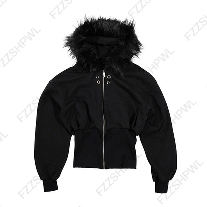 Y2K Harajuku Women's Fur Collar Hoodie – Slim Chic Solid Color Cardigan Sweatshirt, Goth Punk Streetwear