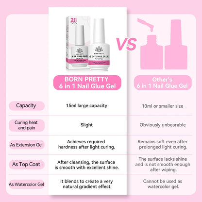 BORN PRETTY 6-in-1 Nail Glue Gel - 15ML Soak-Off Base & Top Coat for Acrylic Extensions