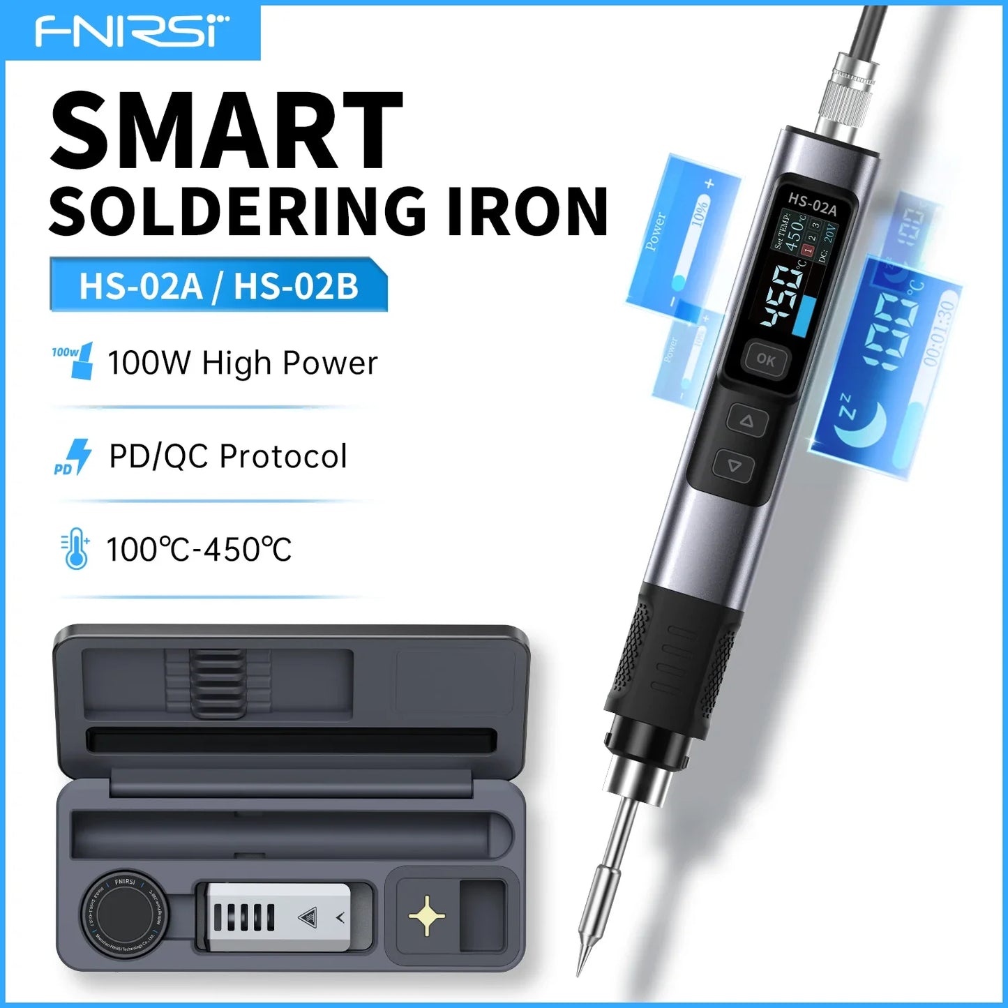 FNIRSI HS-02 Adjustable Temperature Soldering Iron – 20V 100–450℃ 100W Portable Welding & Repair Rework Station Tool