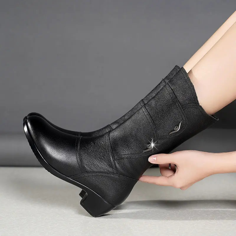 2024 Women’s Fashion Mid-Calf Boots – Waterproof Leather, Anti-Slip Zipper Winter Footwear