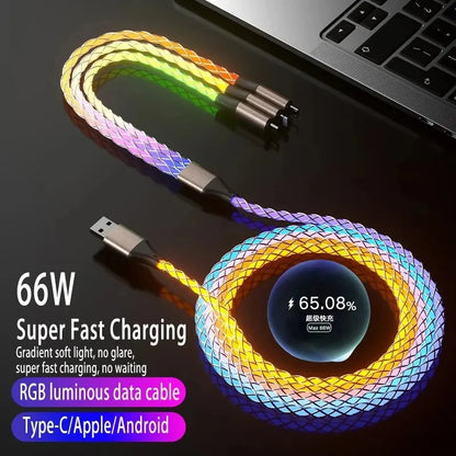 6A RGB 3-in-1 Fast Charging Cable – Colorful Breathing Light USB Data Cord for Car & Universal Use