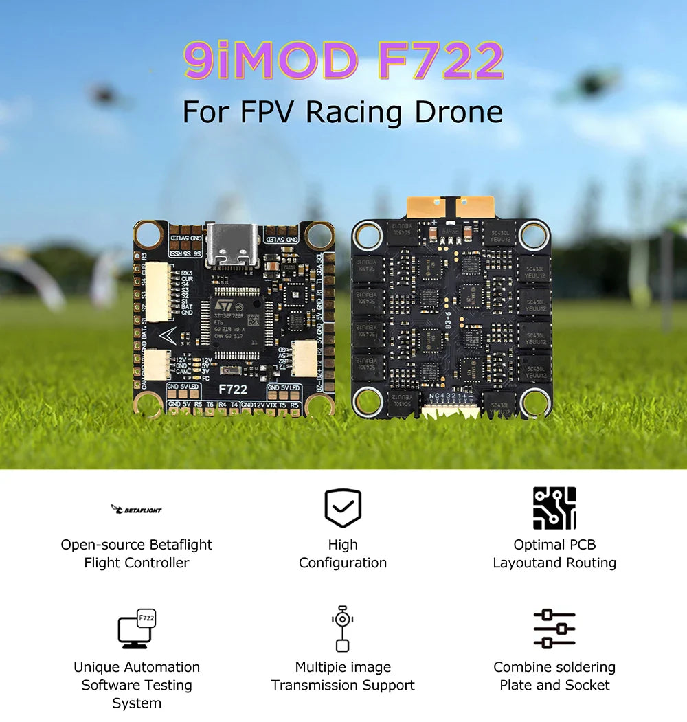 9IMOD F722 Flight Stack – F722 Flight Controller with 55A/60A ESC, 3-6S LiPo, ICM42688 Gyro for FPV Racing Drone