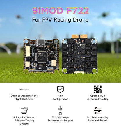 9IMOD F722 Flight Stack – F722 Flight Controller with 55A/60A ESC, 3-6S LiPo, ICM42688 Gyro for FPV Racing Drone