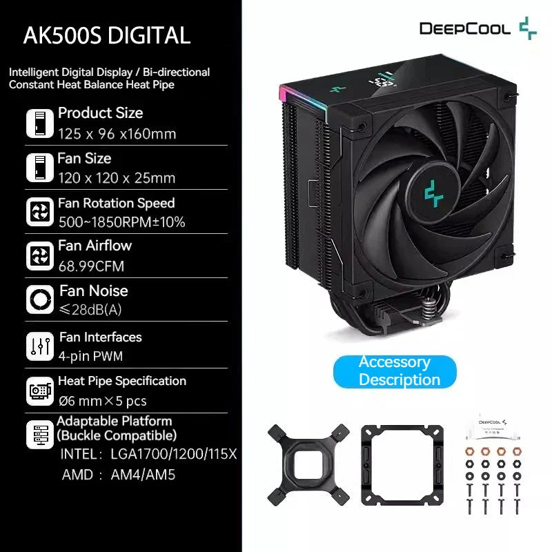 DeepCool AK500S Digital Display CPU Cooler - 5 Heat Pipes, 240W TDP, Compatible with LGA1700/1200/115X/AM4/AM5