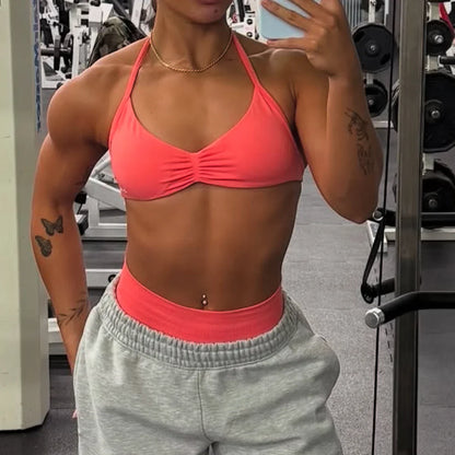 Impact Strappy Halter Sports Bra – Light Support Seamless Gym & Yoga Crop Top with Padding
