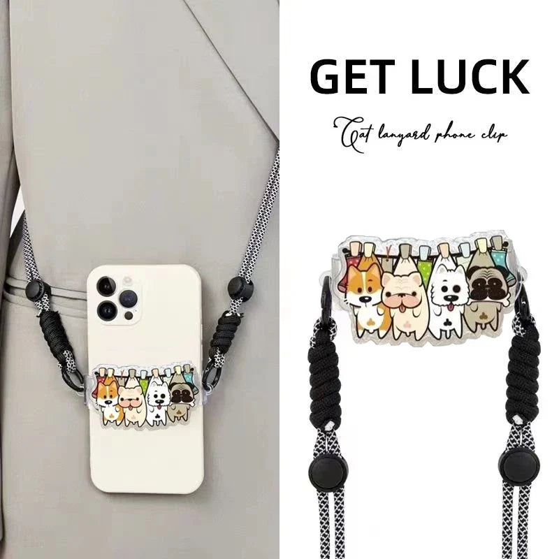 Cute Cartoon Cat & Dog Phone Lanyard – Adjustable Crossbody Shoulder Strap, Back Clip Hanging for Universal Mobile Phones