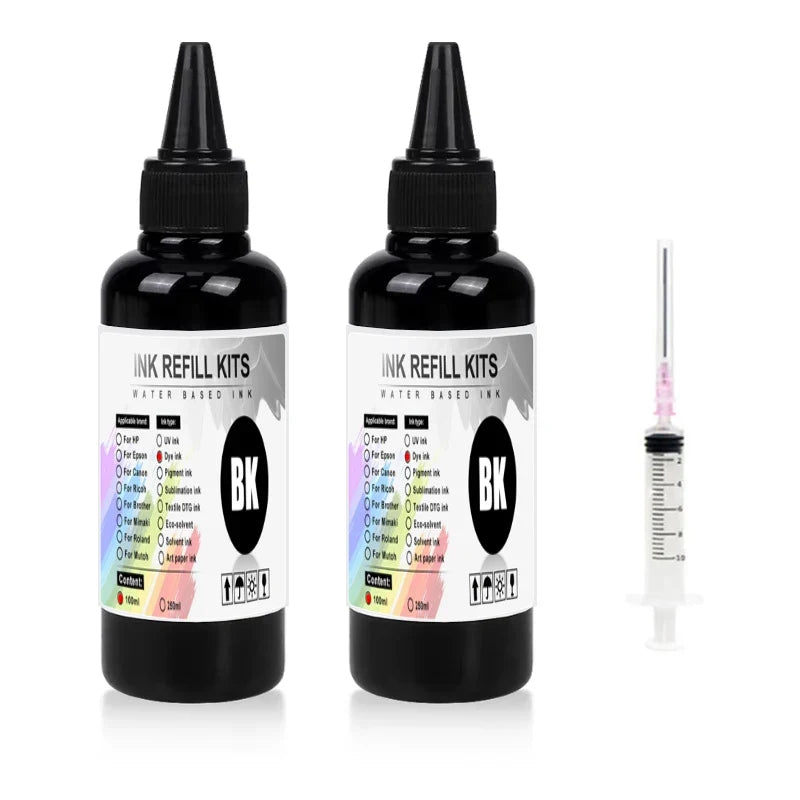 100ml Universal Dye Ink Refill Kit - BK CMY Compatible with HP Canon Epson Brother Inkjet Printers & CISS Cartridges