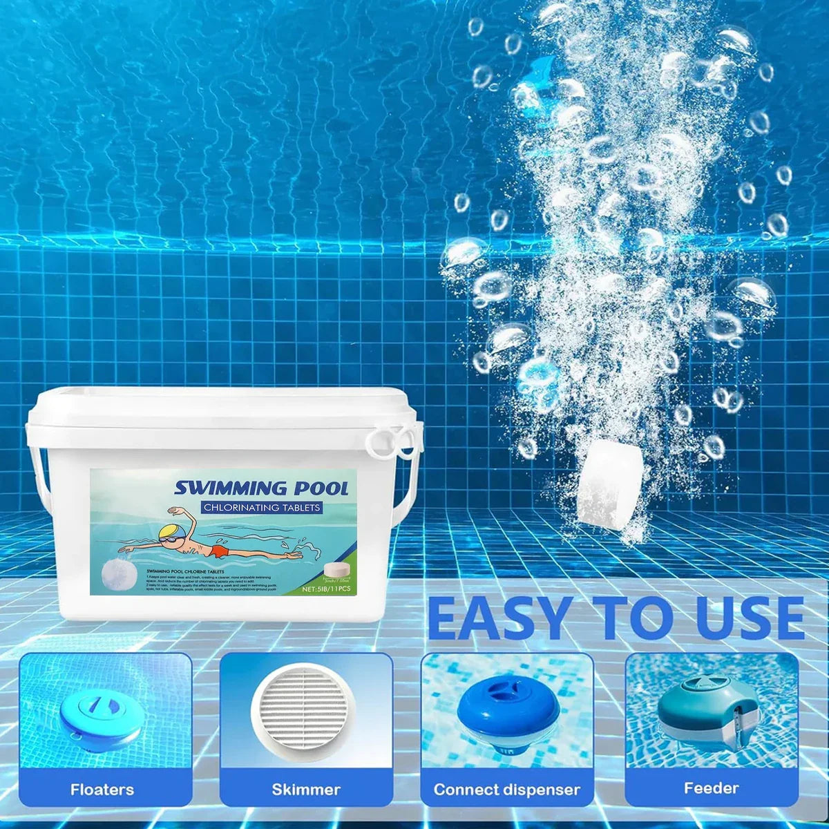 40lb 3-Inch Pool Cleaner Tablets — Slow Dissolving Disinfectant for Swimming Pools, Bathtubs & Spas