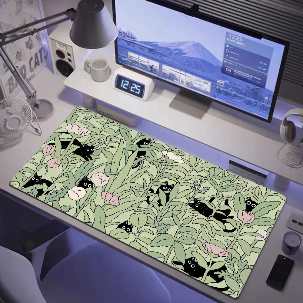 Kawaii Black Cat XXL Mouse Pad — Green Plants Anime Desk Mat for PC Gaming & Keyboard Accessories