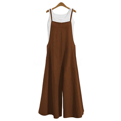 Women’s Summer Wide Leg Jumpsuit Overalls – Solid Color Sleeveless Cotton Linen Bib Dungaree, Casual Loose Fit Plus Size 5XL