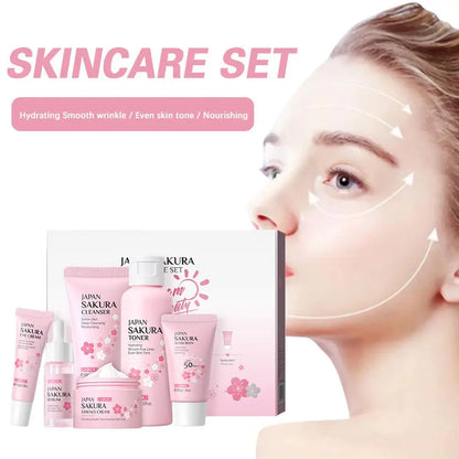 6PCS Sakura Skincare Set – Face Cream, Serum, Toner, Cleanser, Sunscreen & Eye Cream in Gift Box