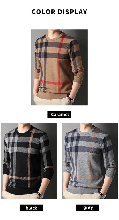 Luxury Men’s Knitted Wool Pullover – Autumn Winter O-Neck Striped British Casual Sweater