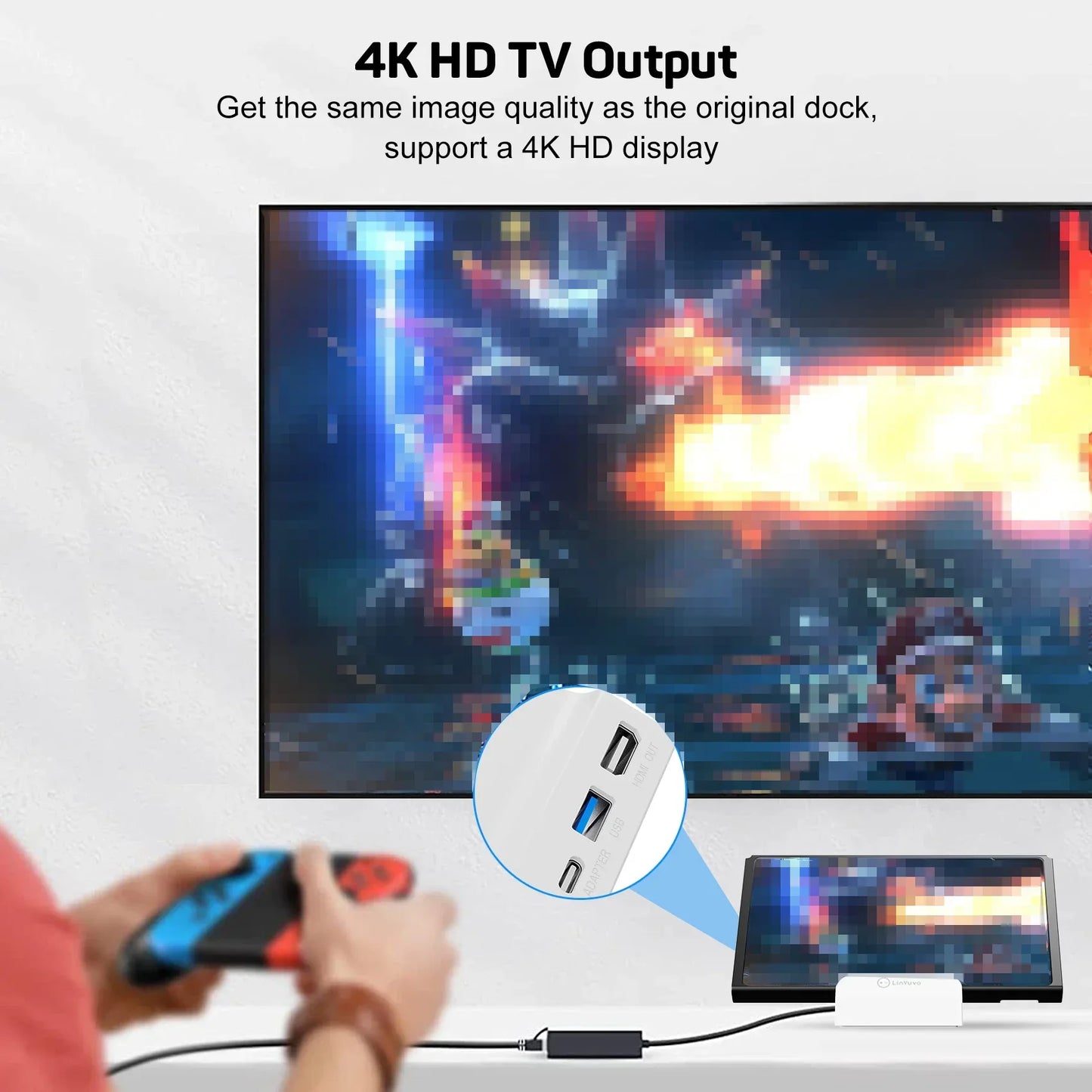 LinYuvo Portable TV & Switch Charging Dock — Compact Stand with Cooling Fan, 4K HDMI Adapter & USB 3.0 Ports KD04