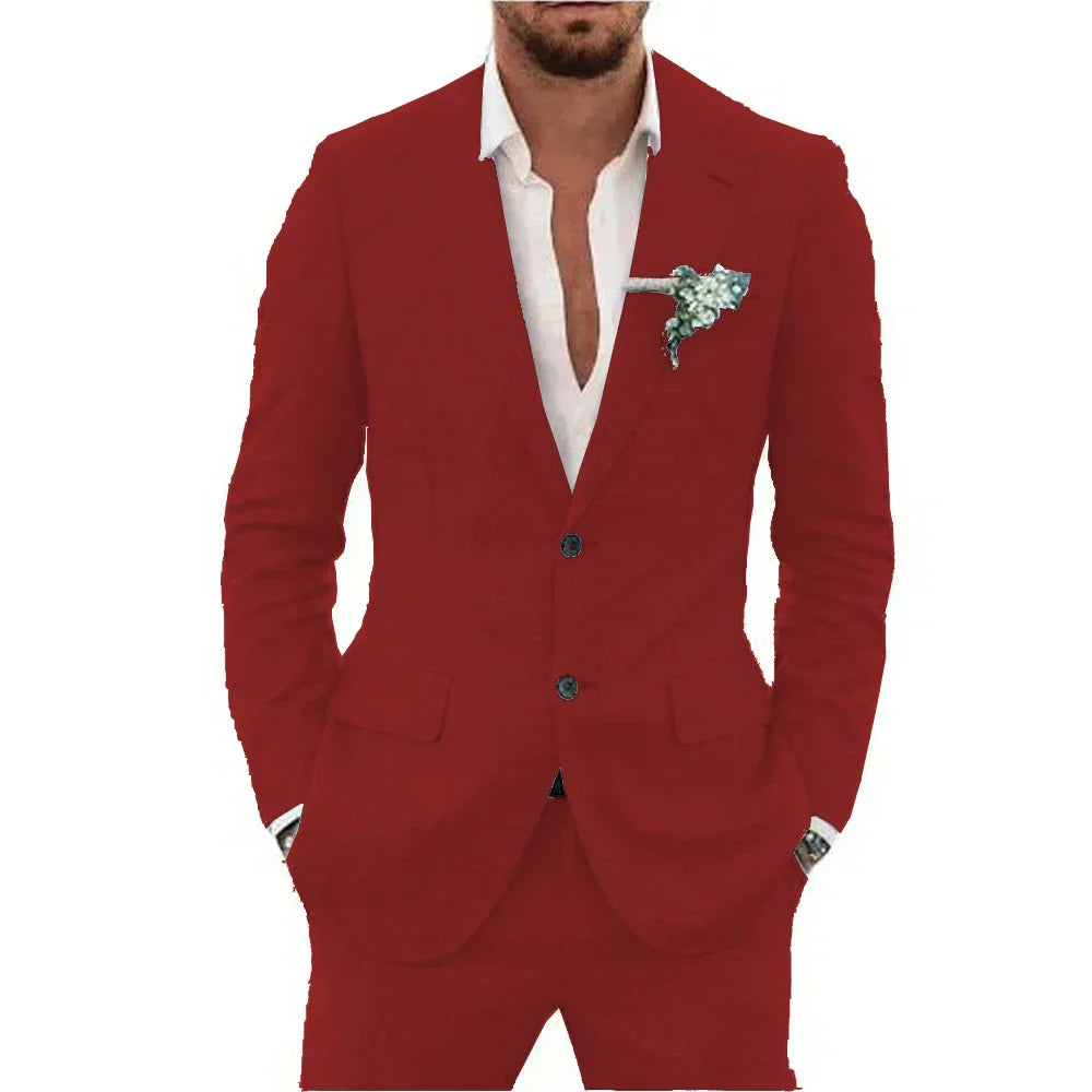 Men's Linen Suit Set - Slim Fit Notched Lapel 2 Piece Wedding & Beach Tuxedo Outfit For Summer Casual Formal Wear