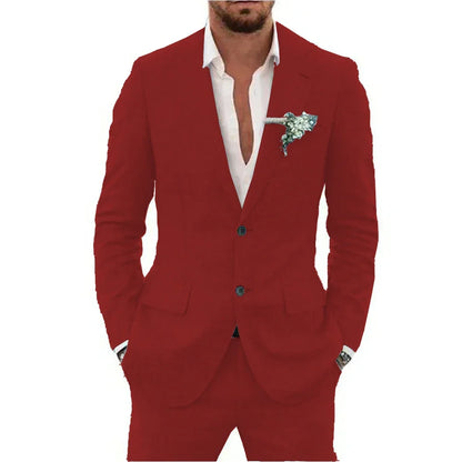 Men's Linen Suit Set - Slim Fit Notched Lapel 2 Piece Wedding & Beach Tuxedo Outfit For Summer Casual Formal Wear