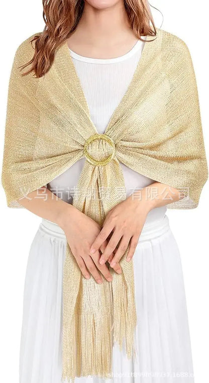 Gold & Silver Thread Tassel Scarf – Elegant Beach, Wedding & Party Fashion Shawl Accessory SJ15