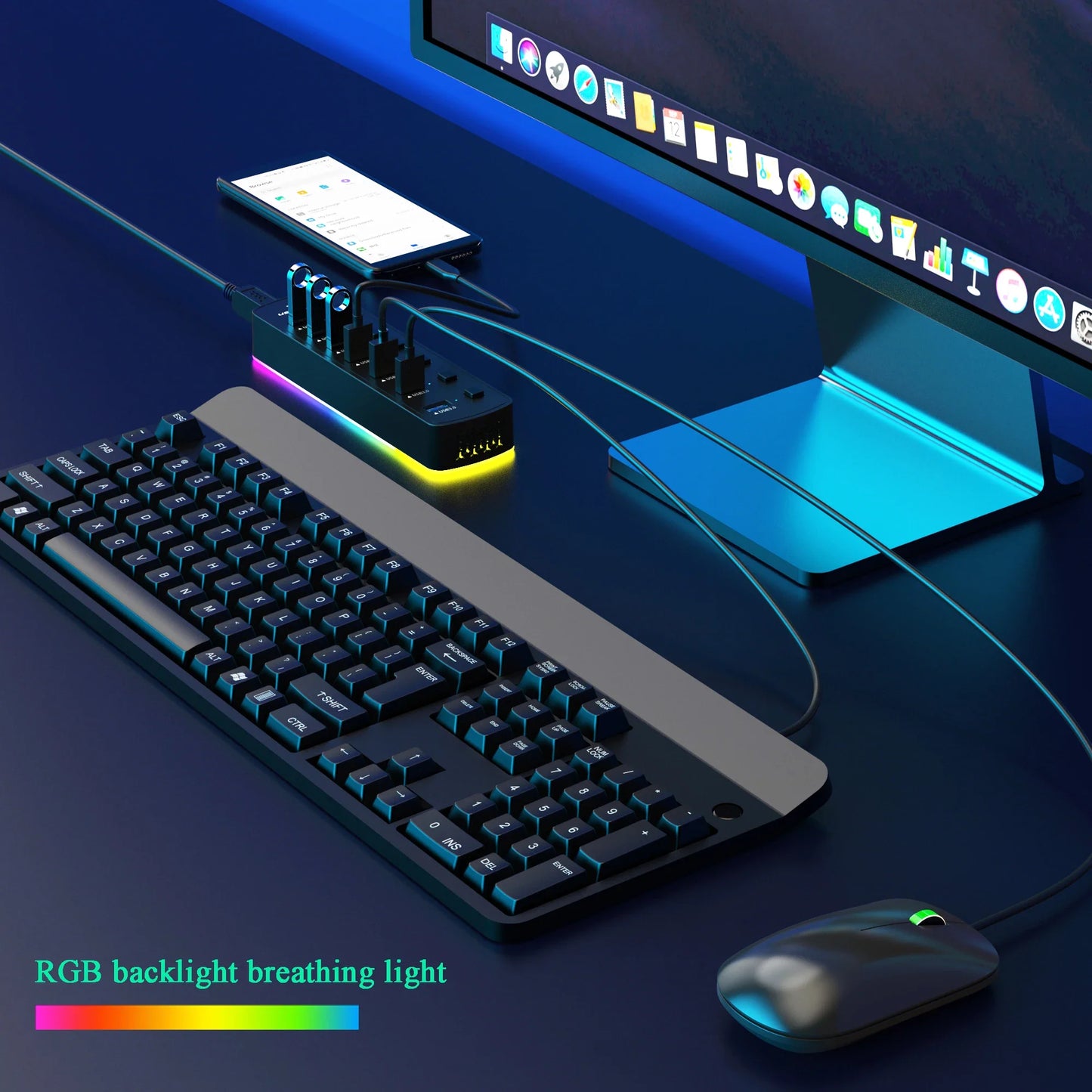 RGB 7-Port USB 3.0 Hub – 5Gbps Data Splitter with Individual On/Off Switch for Laptop & PC Gaming