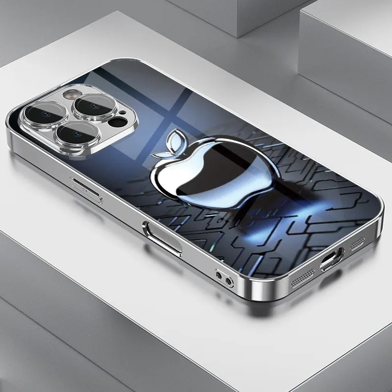Apple Pattern Tempered Glass Phone Case - Electroplated Metal Style Cover for iPhone 12-18 Pro Max, Plus & 17 Air