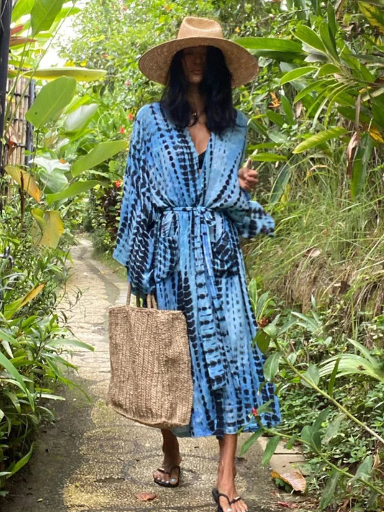 Tie-Dye Bikini Cover Up Kimono – Bohemian Beach Swimsuit Cape Pareo Dress with Belted Wrap Style Summer Swimwear Cover-Up