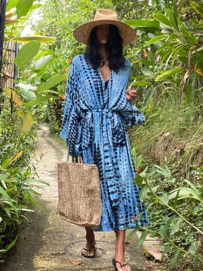 Tie-Dye Bikini Cover Up Kimono – Bohemian Beach Swimsuit Cape Pareo Dress with Belted Wrap Style Summer Swimwear Cover-Up