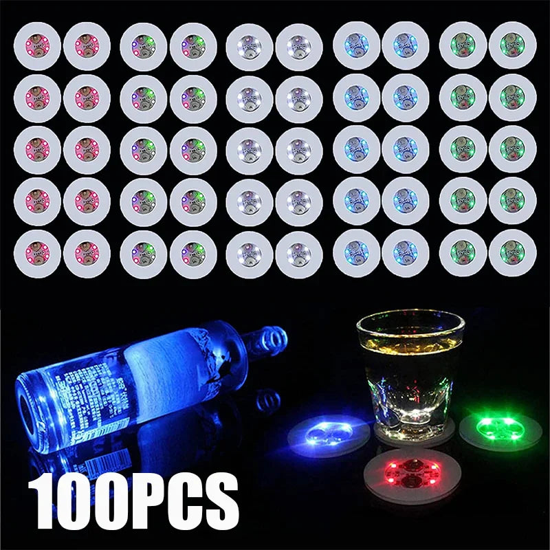 100-Pack LED Tableware Mats & Luminous Cup Stickers — Colorful Flashing Bottle Coasters for Bar, Stall, and Party Lighting