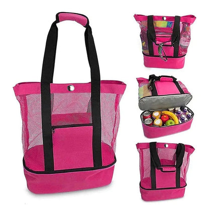 Women's Double-Layer Mesh Picnic Beach Bag: Transparent, High-Capacity Heat Preservation Swim Storage Tote - Waterproof Shopping Bags