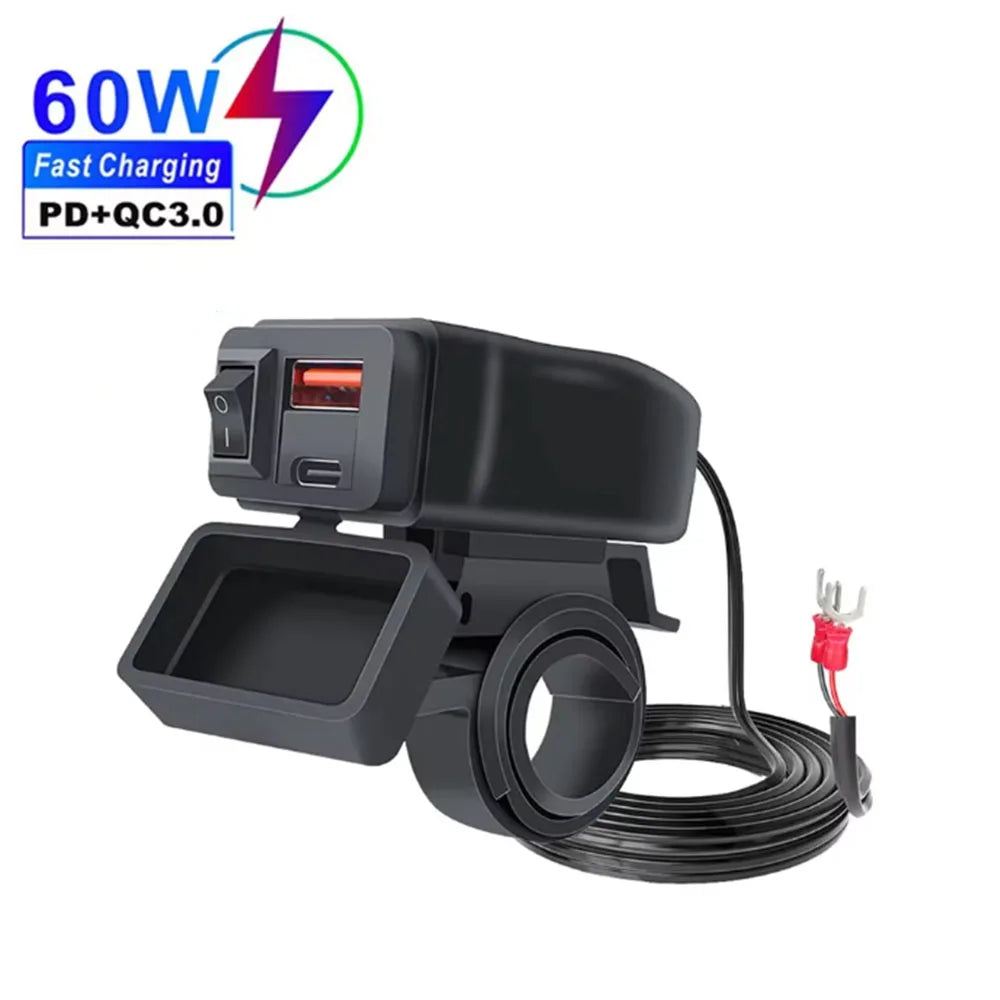 PD QC3.0 Motorcycle USB Fast Charger 60W – Dual USB Handlebar Socket with Switch & Voltmeter Waterproof 12V Power Adapter