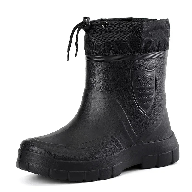 Winter Windproof Cotton Rain Boots for Men, Warm Waterproof Ankle Rain Shoes, Slip-On Fashion Work Boots, 2024
