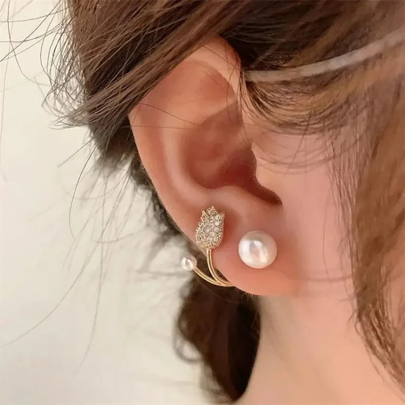 Korean Vintage Pearl & Crystal Earrings for Women — Luxury Zircon Flower, Butterfly & Leaf Stud Jewelry