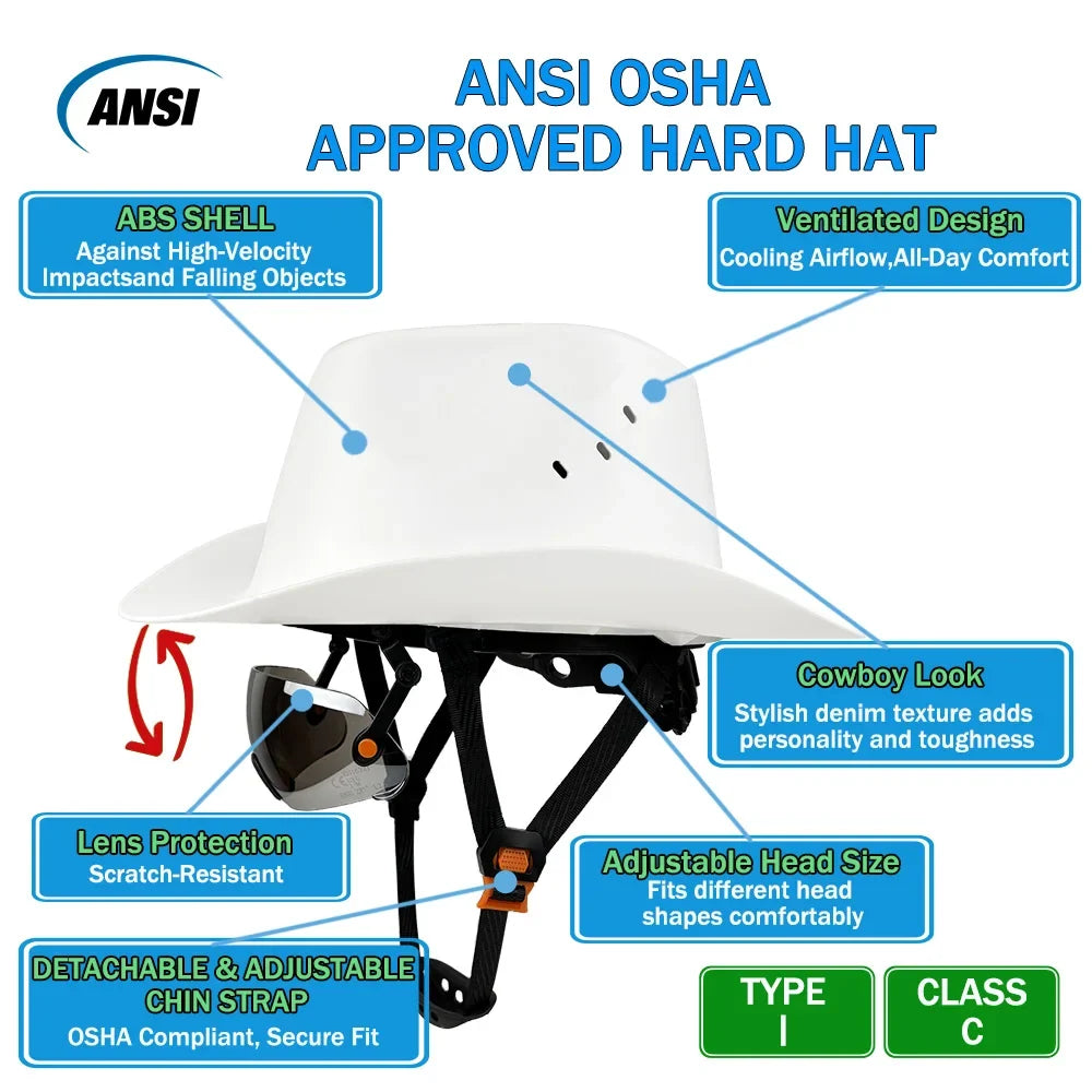 Cowboy Safety Helmet with Sunglasses - Wide-Brim HDPE Hard Hat for Construction Work