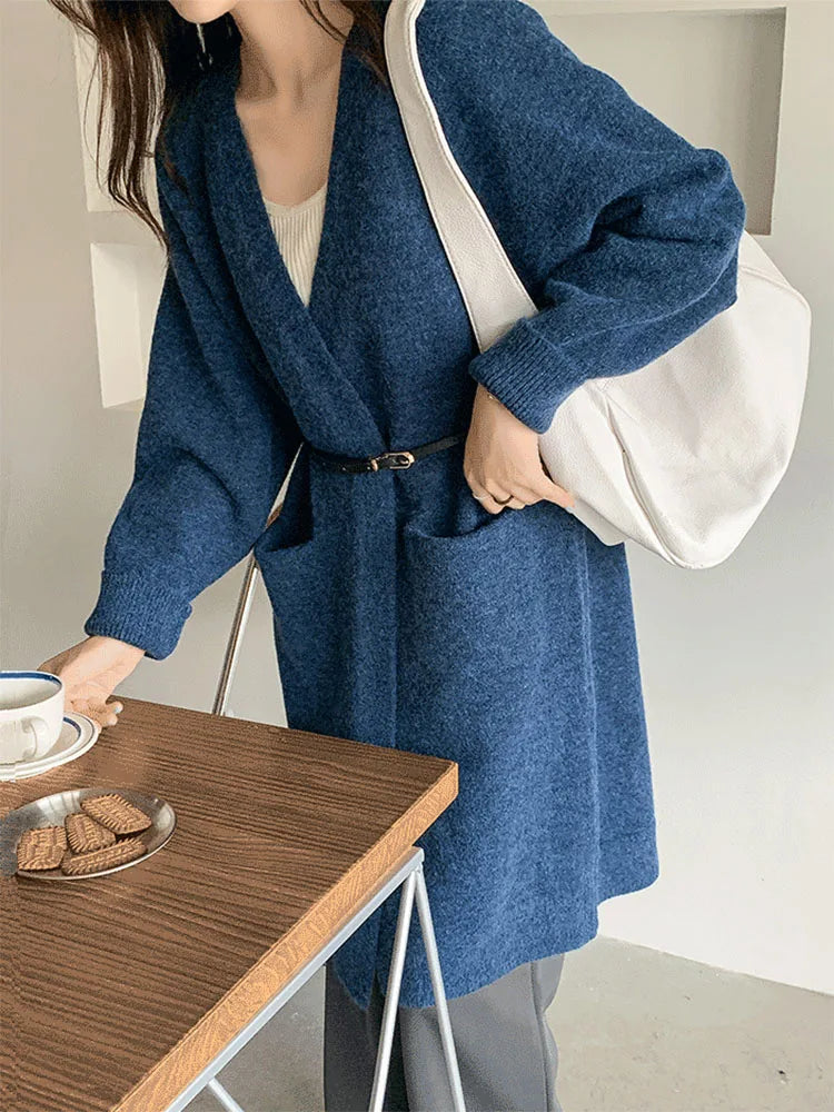 Women’s Solid Color Loose Thick Warm Sweater Cardigan – V Neck Knitted Coat with Pockets, Casual Spring/Autumn Tops C-124