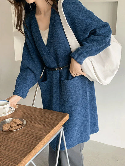 Women’s Solid Color Loose Thick Warm Sweater Cardigan – V Neck Knitted Coat with Pockets, Casual Spring/Autumn Tops C-124