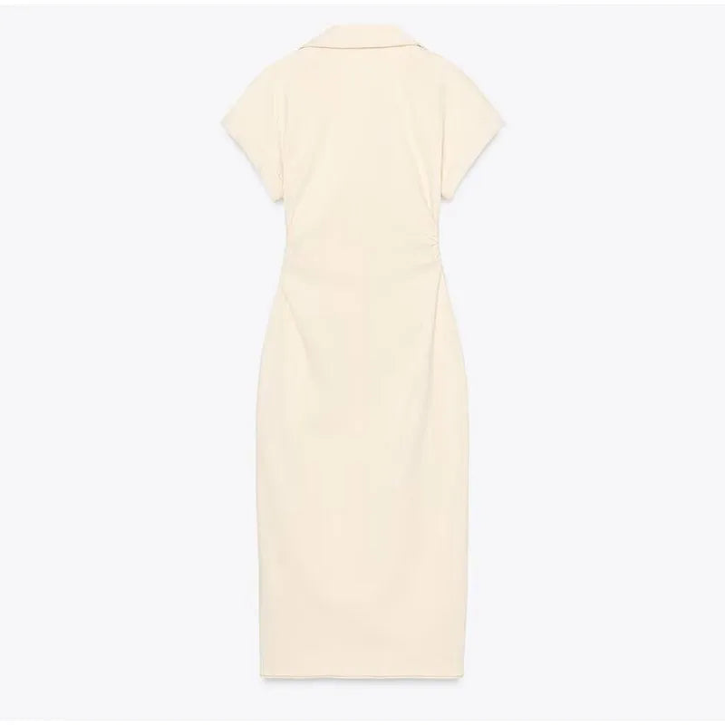 Women’s Chic White Denim Dress – Casual Lapel Long Slim Maxi, Single-Breasted Short Sleeve Summer Dress