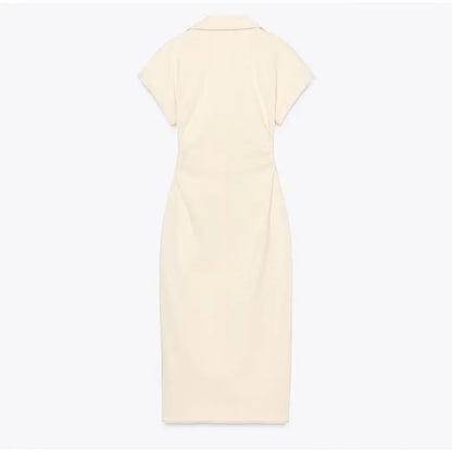 Women’s Chic White Denim Dress – Casual Lapel Long Slim Maxi, Single-Breasted Short Sleeve Summer Dress