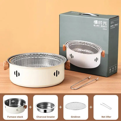 Portable Korean Charcoal BBQ Grill - Stainless Steel Split Stove, Non-stick Round Rack - Ideal for Outdoor Camping