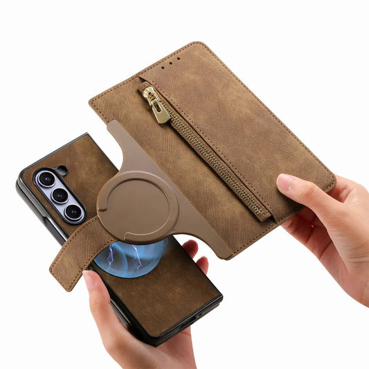 2-in-1 Detachable Leather Wallet Case for Samsung Galaxy Z Fold 6/5/4/3 – Zipper Card Slot Cover 5G Compatible