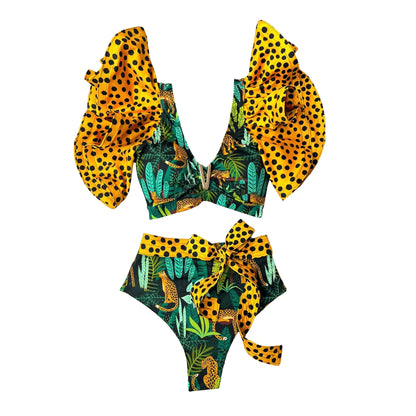 Sporlike V-Neck Ruffled Bikini Set – High Waist Sexy Printed Two-Piece Swimsuit for Women 2025