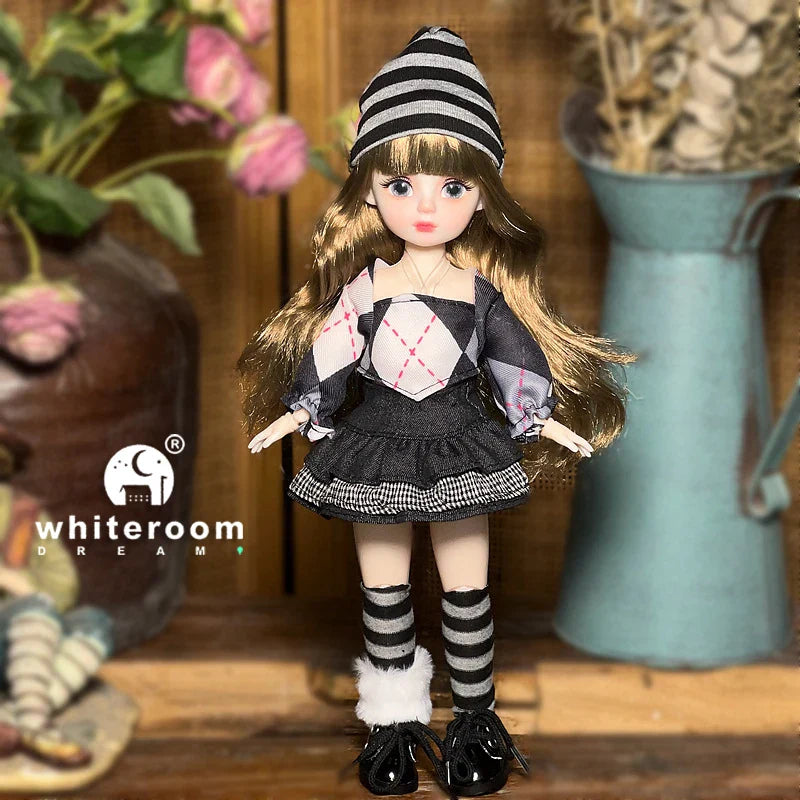 30cm 1/6 BJD Ball Jointed Doll – Starry Gray Eyes with Lolita Fashion Dress, DIY Toy Gift for Girls