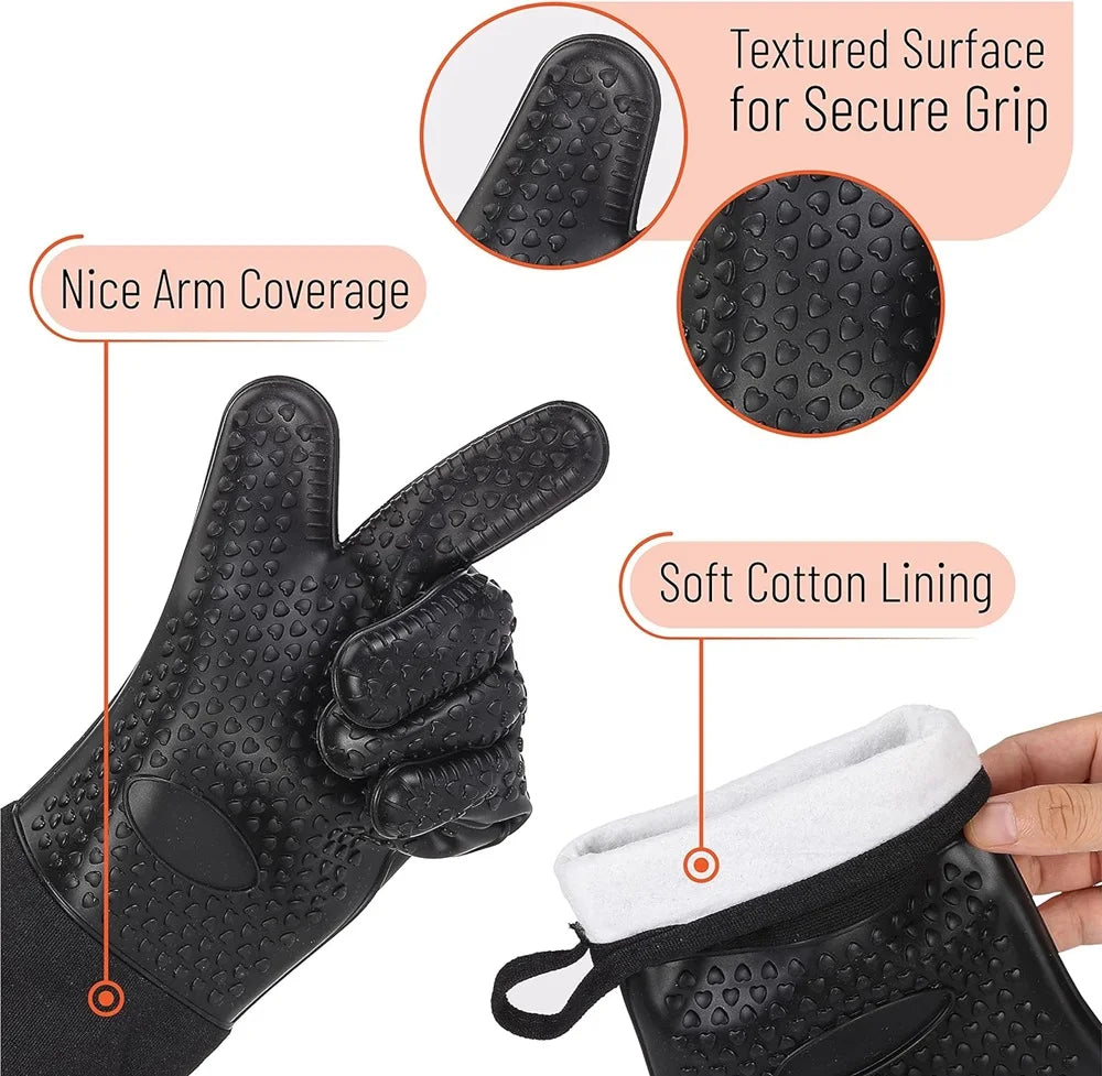 Heat-Resistant Silicone Gloves – Non-Slip Oven Mitts for Kitchen, BBQ, Baking & Cooking with Canvas Stitching