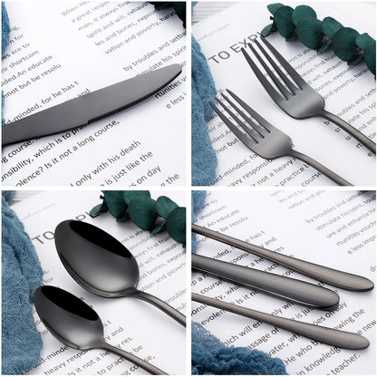 30/35/40-Piece Western Tableware Set – Elegant Black Stainless Steel Cutlery with Mirror Finish, Knife, Fork, Spoon for Kitchen and Dining